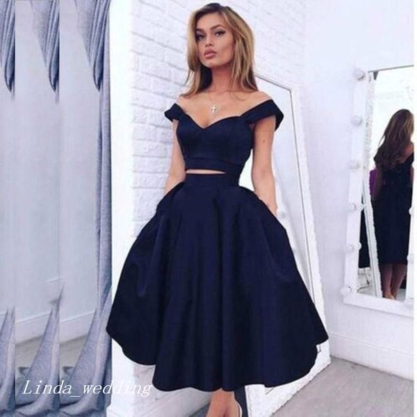 Wunderschönes dunkelmarineblaues Ballkleid, 2-teilig, Tee-Länge, kurzes Sommerkleid für besondere Anlässe, Cocktail-Abend-Partykleid, Damenbekleidung