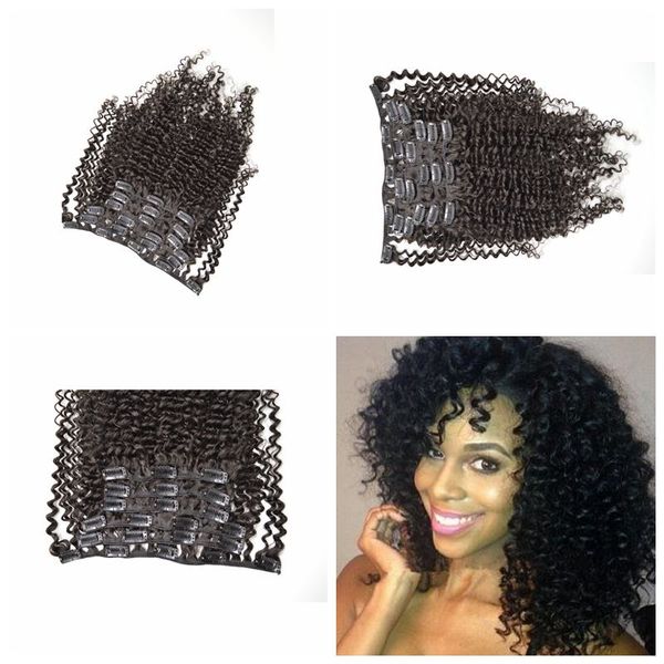 

3a,3b,3c clip in hair extensions brazilian kinky curly human hair weft clip hair extensions natural black 7pcs 120g/lot g-easy hip, Black;brown
