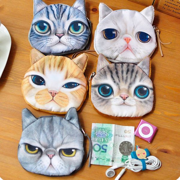 

3d print cat face coin pouch animal small purse women hand bag zipper earphone holder cosmetic makeup bag zero wallets ic713