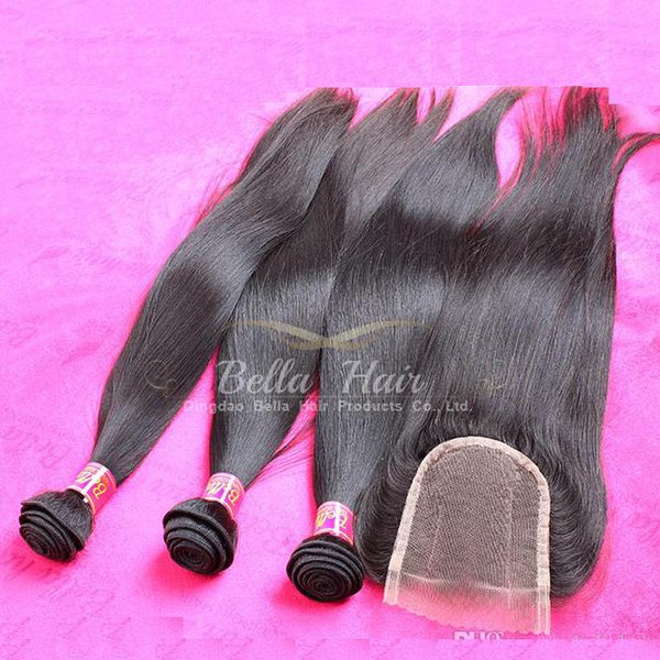 

malaysian human hair wefts with closure straight hair extensions 3pieces with one laceclosure three part 4pcs/lot natural color bellahair, Black;brown