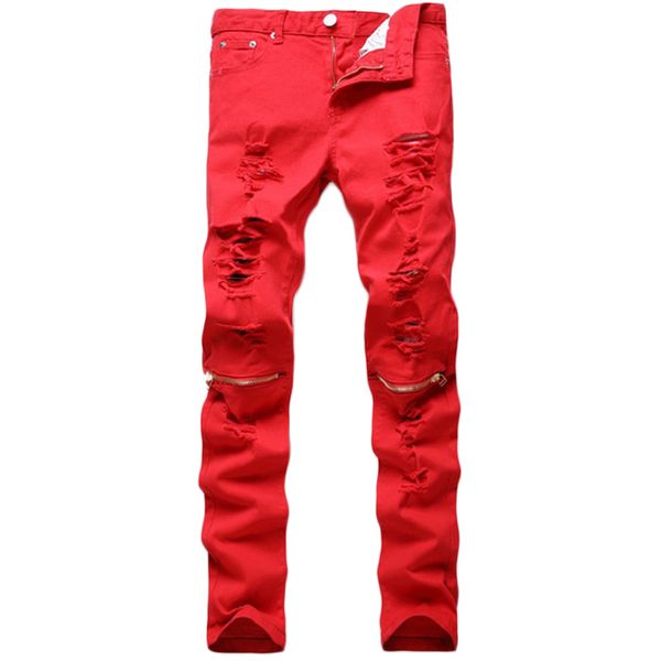 

wholesale-2016 hip hop red men trousers casual cotton zipper distressed masculina pants biker skinny hole rock jeans homme mya0400, Blue