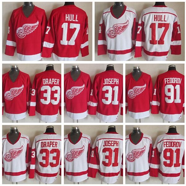 

detroit red wings ice hockey jerseys sports 17 brett hull 31 curtis joseph 33 kris draper 91 sergei fedorov home red road white, Black;red