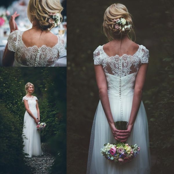 

2017 Cheap Simple Scoop Neck Long A Line Wedding Dresses Beach Short Sleeves Tulle Button Back Wedding Gowns Bridal Vestido De Novia, White