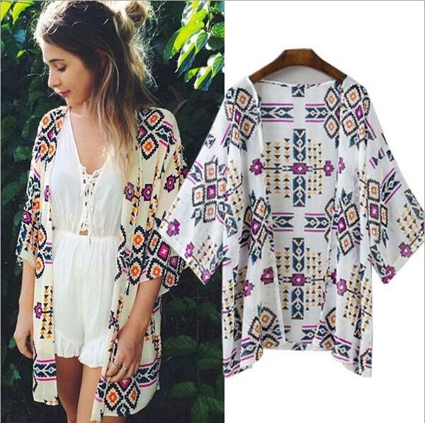

2017 new arrival women fashion chiffon blouse summer cardigan beach kimono print plus size women clothing party club blouse, White