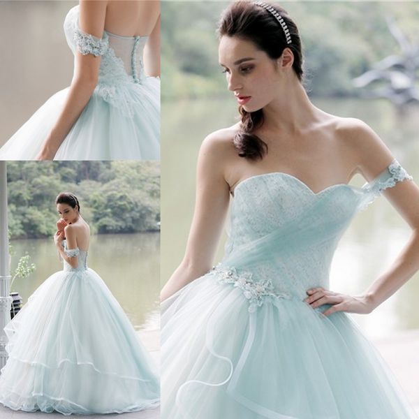 Luz azul fora de um ombro vestidos de noiva 2017 laço applique tulle bola vestido de nupcial vestidos de chão retrocessos de casamento