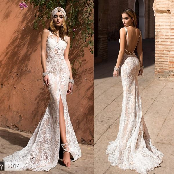 

llorenzorossib ridal 2019 front split wedding dresses backless full lace jewel neck mermaid bridal gowns sleeveless vintage wedding dress, White