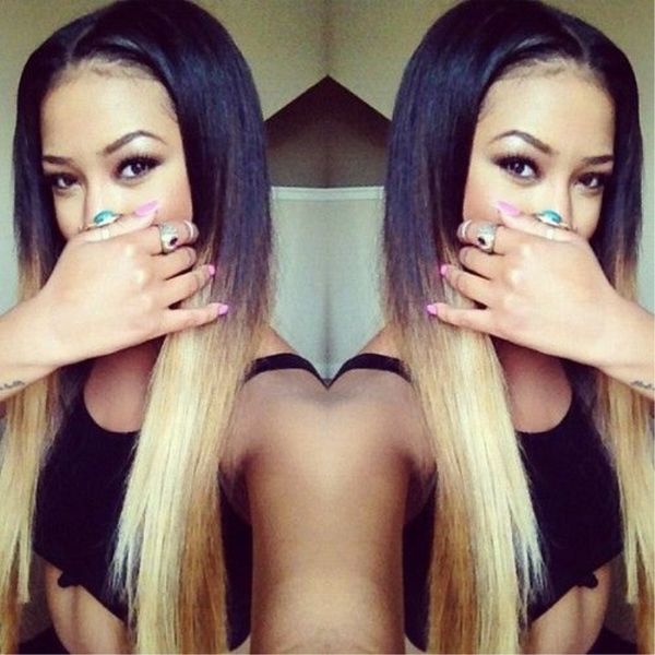 

good quality long silky straight synthetic lace front wig two tone ombre dark roots blonde color hair fashion style soft hair full wig