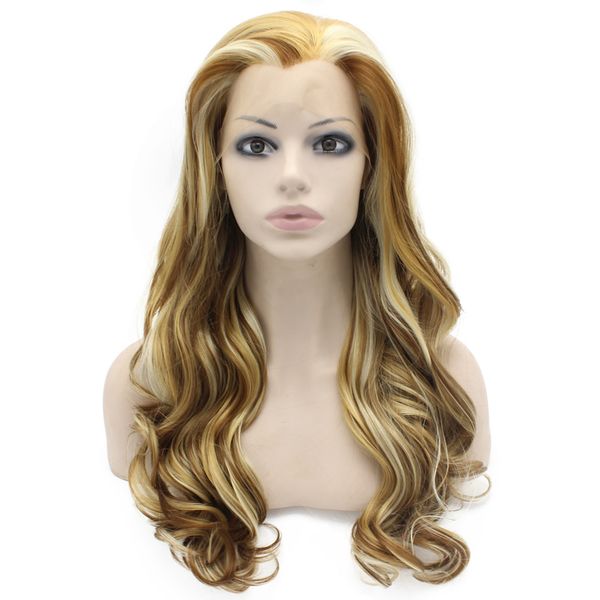 

long wavy highlight blonde heat friendly fiber hair lace front wig natural, Black