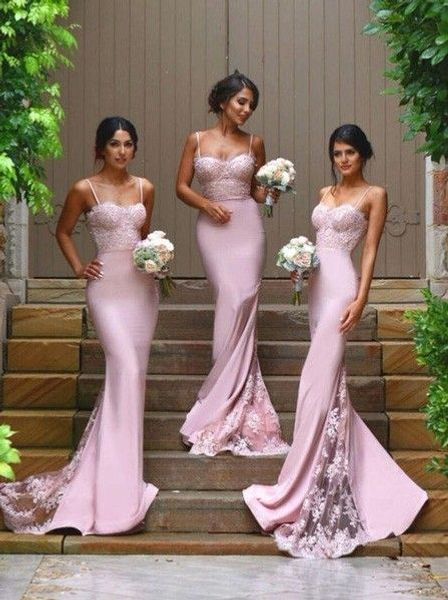 

новые элегантные тонкие бретельки кружева русалка длинное платье невесты атласное кружево аппликация длина пола свадебная вечеринка для поче, White;pink