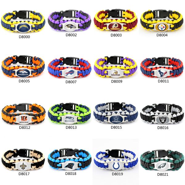

Fa hion footbal team charm paracord urvival bracelet port friend hip outdoor camping bracelet mix color 50 pc dhl
