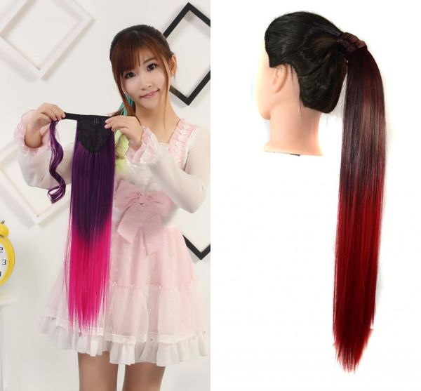 

sara 55cm 22inch heat resistant long straight ombre color wrap around ponytail hair extension pieces 9 colors hairpiece pony tail, Black