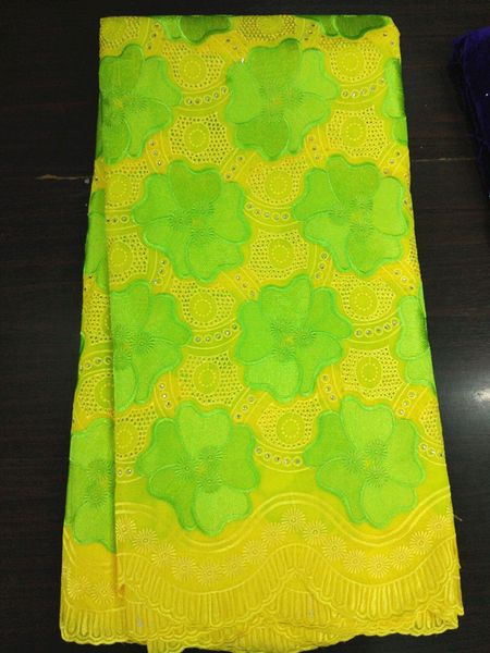 

5 yards/lot sale yellow african mesh lace and green flower embroidery swiss voile cotton lace fabric for party dress bc127-4
