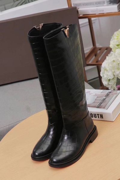 

fashion luxury womens snow boots v logo winter knee high 16inch 100% genuine leather motorcyle shoes size 34-41, Black