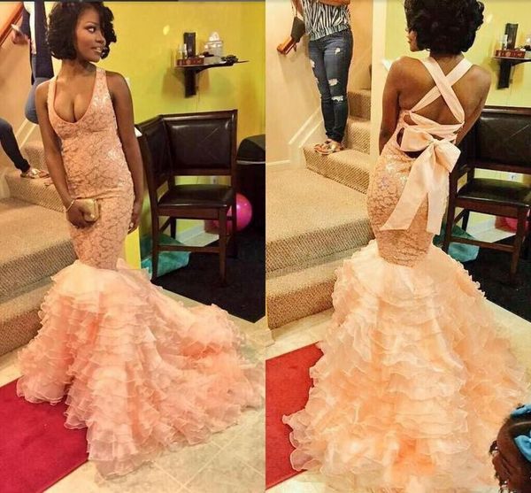 

blush mermaid prom dresses 2016 lace backless arabic fitted formal party gowns flouncing ruffles afric prom gowns, Black