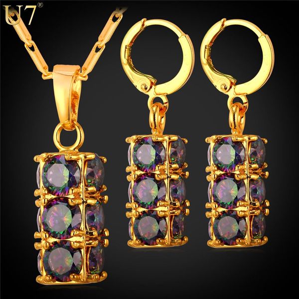 

unique Luxury Zirconia Cylindrical Jewelry Women Set 18K Gold Plated /Platinum Lucky Mystic Jewelry Party Earrings Necklace Set S820
