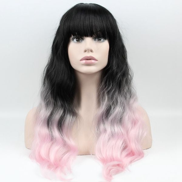 Fashional Long Wave Pastel Pink 1b Black To Pink Ombre Synthetic