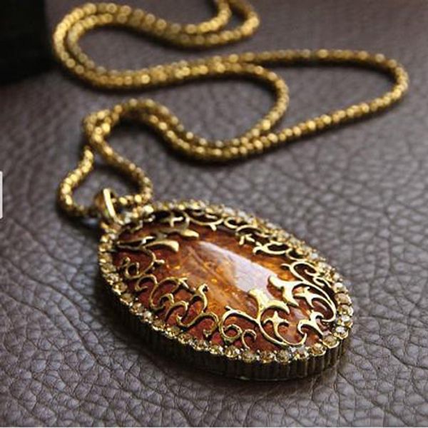 

vintage womens amber hollow out rhinestone oval long chain pendant necklace jewelry retro long chain amber pendant necklaces accessories, Silver