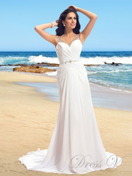 

2019 Elegant A-Line Chiffon Beach Wedding Dress V-Neck Sleeveless Court Train Beadings Pleats Long Ivory vestido de noiva free shipping