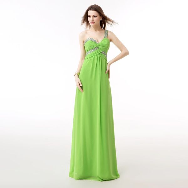 

2019 Elegant Green Chiffon Long Evening Dress One Shoulder Beaded Sheath Straight Floor Length Prom Dresses Lace Up Formal Party Gown