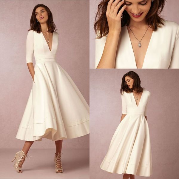 

2019 bhldn новая мода чайные старинные свадебные платья с половиной рукава v-образным вырезом на заказ сделать короткую пляжную вечеринку св, White