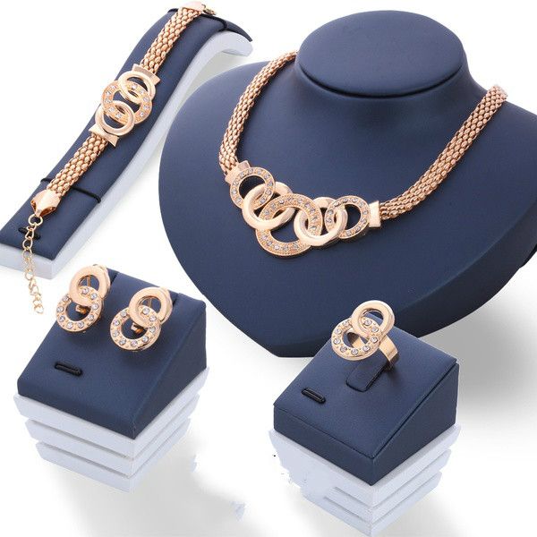 

fashion luxury crystal handcuffs necklace earring bracelet ring set metal gold plated rhinestone unique eight circle cross jewelry sets, Black