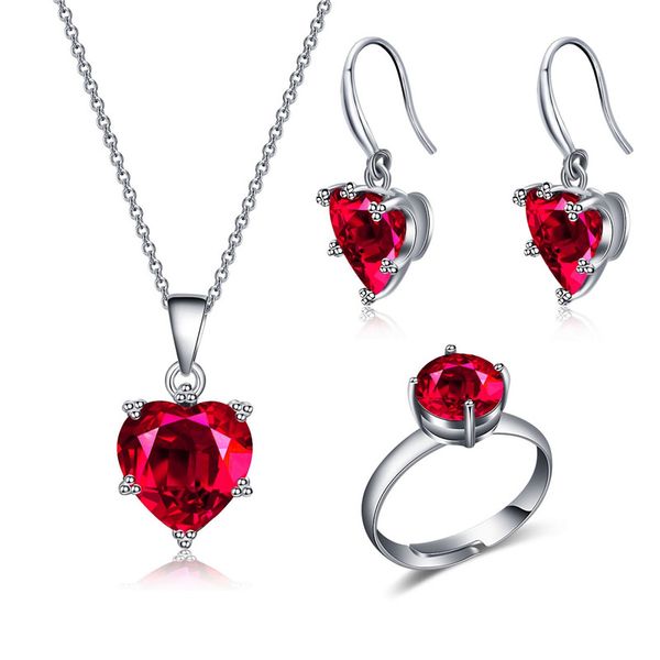 18K White Gold Gp Round Cut CZ Zirconia Red Ruby Earrings Necklace Jewelry Set