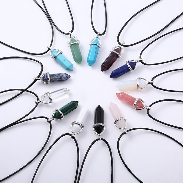 

30 colors leather chains real raw gem pendant pink purple crystal bullet reiki point chakra natural stone necklace women jewelry, Silver