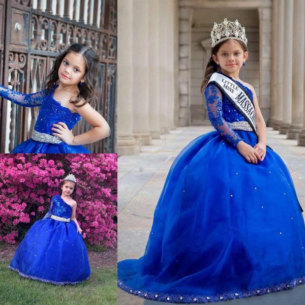 

blue girls pageant dresses for teens one shoulder illusion long sleeve beaded crystals lace appliques puffy kids formal gown, White;red