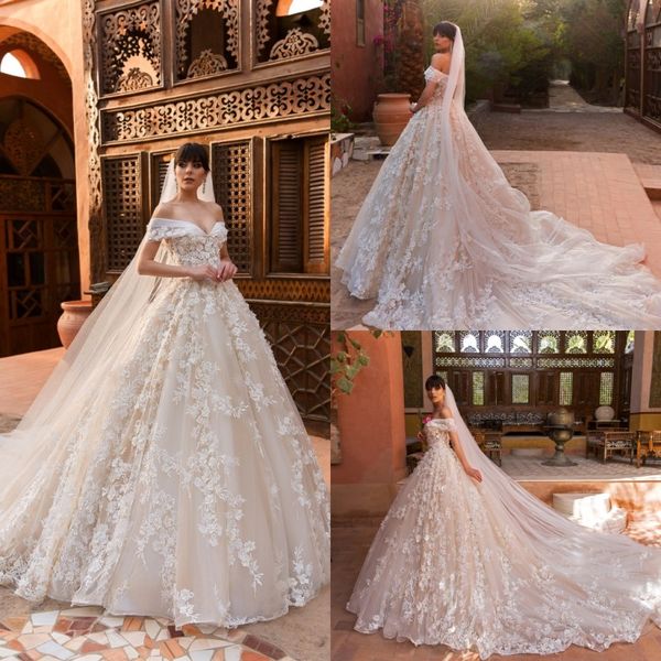 

crystal design ball gown wedding dresses off the shoulder lace appliques bridal gowns sweep train beach wedding dress vestido de novia, White