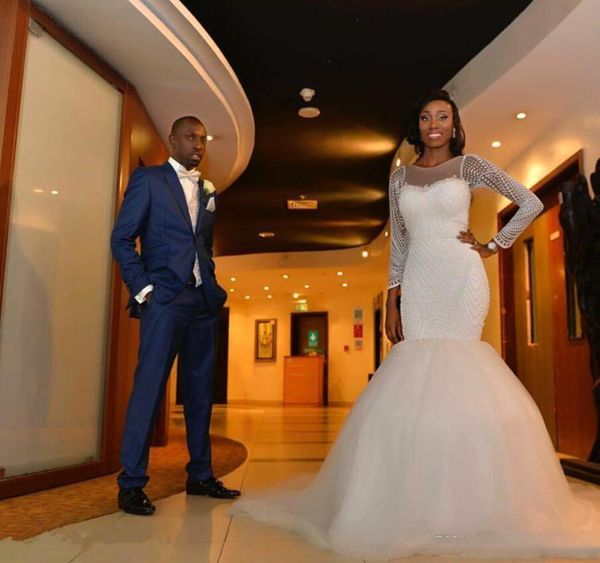 

2017 african nigeria mermaid wedding dresses sheer jewel neck long sleeves crystal beaded pearls sweep train custom formal bridal gowns, White