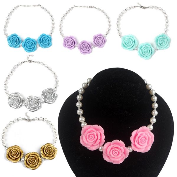 

prettybaby big rose flower girls bubblegum necklace kids chunky imitation pearl necklace children jewelry princess 8 colors dhl, Silver