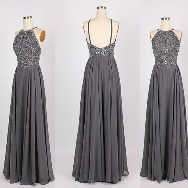 

custom made grey prom dress a line halter neck beaded sequins open back floor length evening party gowns custom made, Black