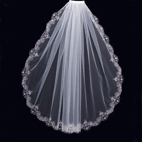 

charming white ivory short veils luxury wedding party beaded lace trim one layer bridal mantilla tulle with comb, Black