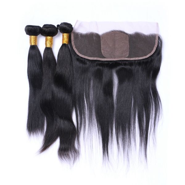 

brazilian silky straight human hair with silk base frontal 4pcs lot brazilian hair 3bundles with silk lace frontal closure 13x4, Black