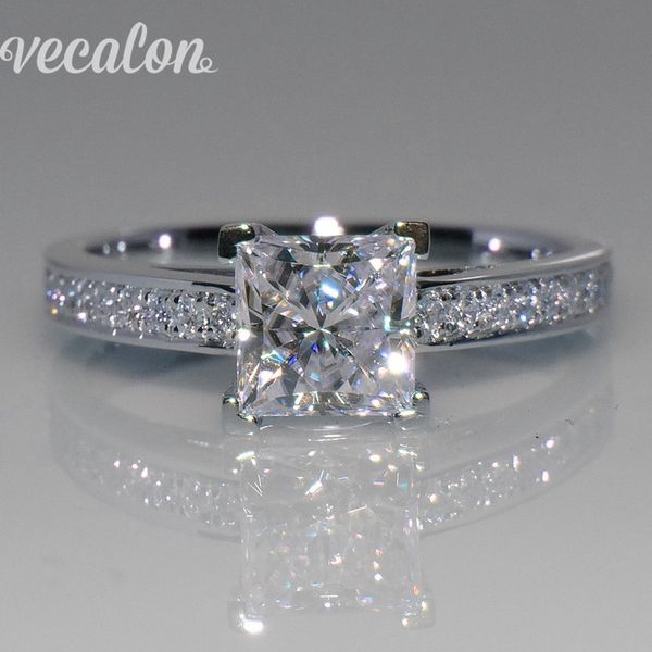 Vecalon Простое Ювелирное кольцо Принцесса огранки 1 карат Имитация бриллианта Cz 925 Серебряное обручальное обручальное кольцо для женщин