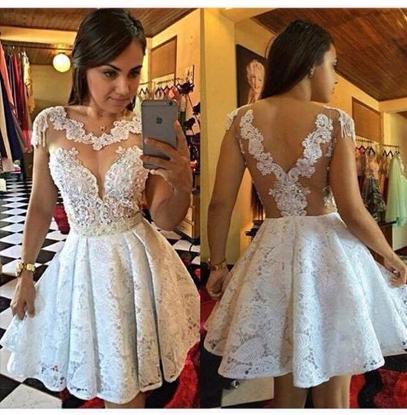 

2017 New Sexy Cocktail Dresses Lace Crystal Beads Illusion Neck Short Mini Homecoming Dress Open Back Formal Party Dress Prom Gown For Women