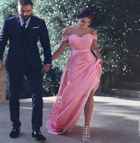 

2017 said mhamad pink prom dresses saudi arabic dubai a line off shoulder lace appliques long evening party gowns celebrity dresses custom, Black
