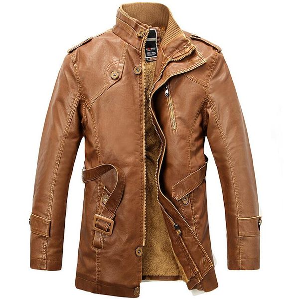 Atacado- PU jaqueta de couro homens longos lã gola casacos de couro motocycle jaquetas outwear trench parka jaqueta de couro