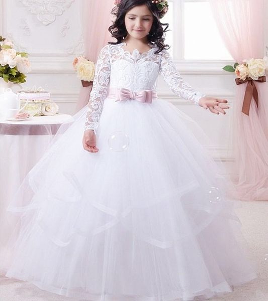 

long sleeve first communion dress for girls lace ball gown flower girl dresses white wedding party pageant gowns, White;blue