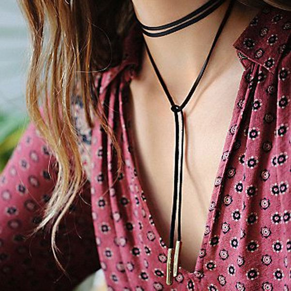 

new arrival fashion charm bohemia black leather choker necklace jewelry long tassel adjustable pendants necklaces black chokers 80s 90s, Golden;silver