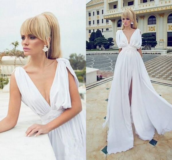 

simple white chiffon evening gowns 2016 deep v neck high split a line prom dresses backless formal party dresses under 100, Black;red