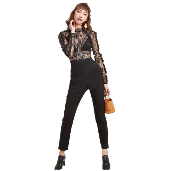 

wholesale- [new] black lace embroidered hollow out ruffles jumpsuit stitching long-sleeved high waist jumpsuit / romper, Black;white