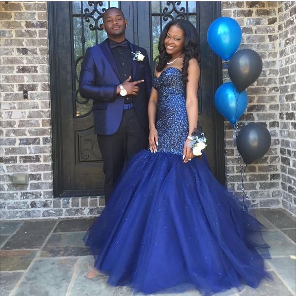 

gorgeous 2021 royal blue prom dresses sweetheart sleeveless mermaid sparkling beading formal evening dress black gilrs party gowns