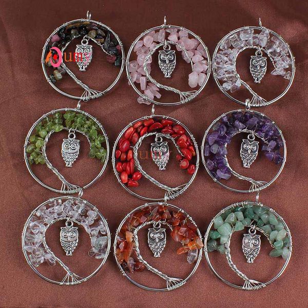 

Whole ale 10pc ilver plated natural multi tyle gravel wire winding inlay owl tree of life pendant tatement necklace