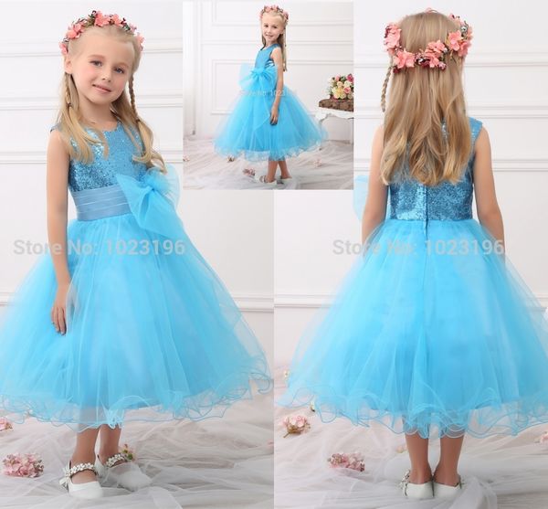 

new real princess blue sequins flower girl dresses sequins sash tea length tulle infant little girl birthday party dresses hy1279, White;red