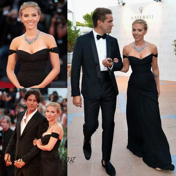 Frete grátis Scarlett Johansson 70 Venice Film Festival vestido de noite preto elegante longo de chiffon celebridade do tapete vermelho vestido formal do partido