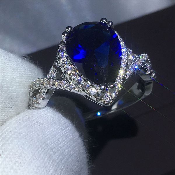 Clássico anel de pêra corte 6ct Zircão Azul de Cristal Branco de Ouro de Festa de Casamento anel de banda Para mulheres homens presente de Natal