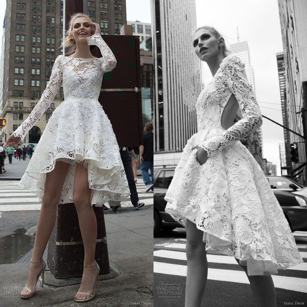 Потрясающие короткие кружева свадебные платья Привет-Ло с длинным рукавом свадебное платье 3D-цветочные аппликации свадебное платье с открытой спиной Бато шеи на заказ