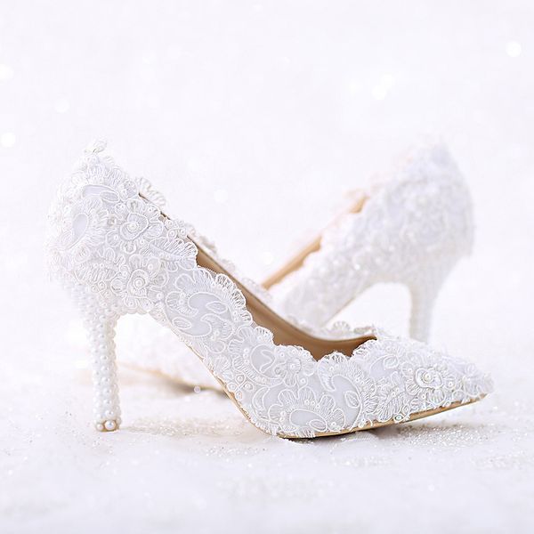 

Острым носом Белые Кружева и Жемчуг Свадебные Туфли Женщины Тонкий Каблук Удобны