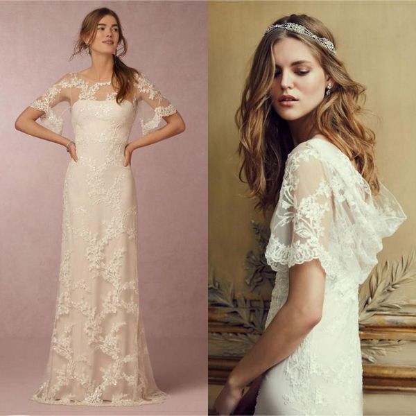 

vintage country wedding dresses sheath beach lace appliques floor length bridal gowns illusion bateau neck short sleeves draped back, White